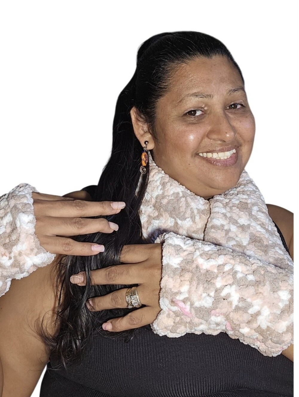 Handmade Chenille Scarf Fingerless Gloves Set Fall Winter Neck Warmer Hand Knit